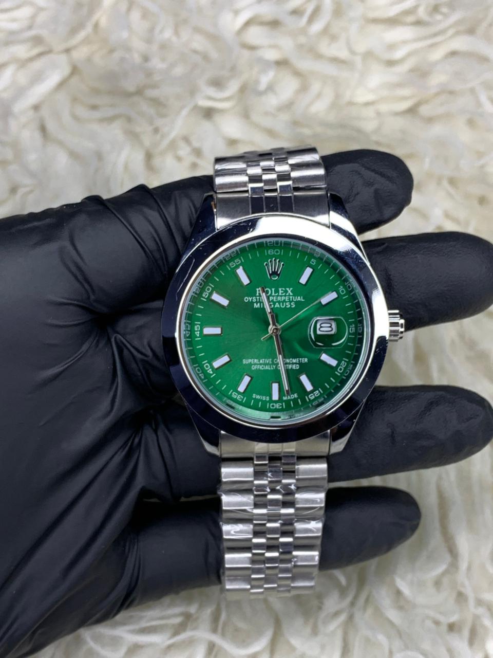 Rlx DateJust Silver Green Dial Jubilee Chain