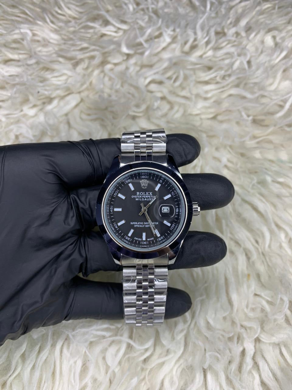 Rlx DateJust Silver Black Dial Jubilee Chain