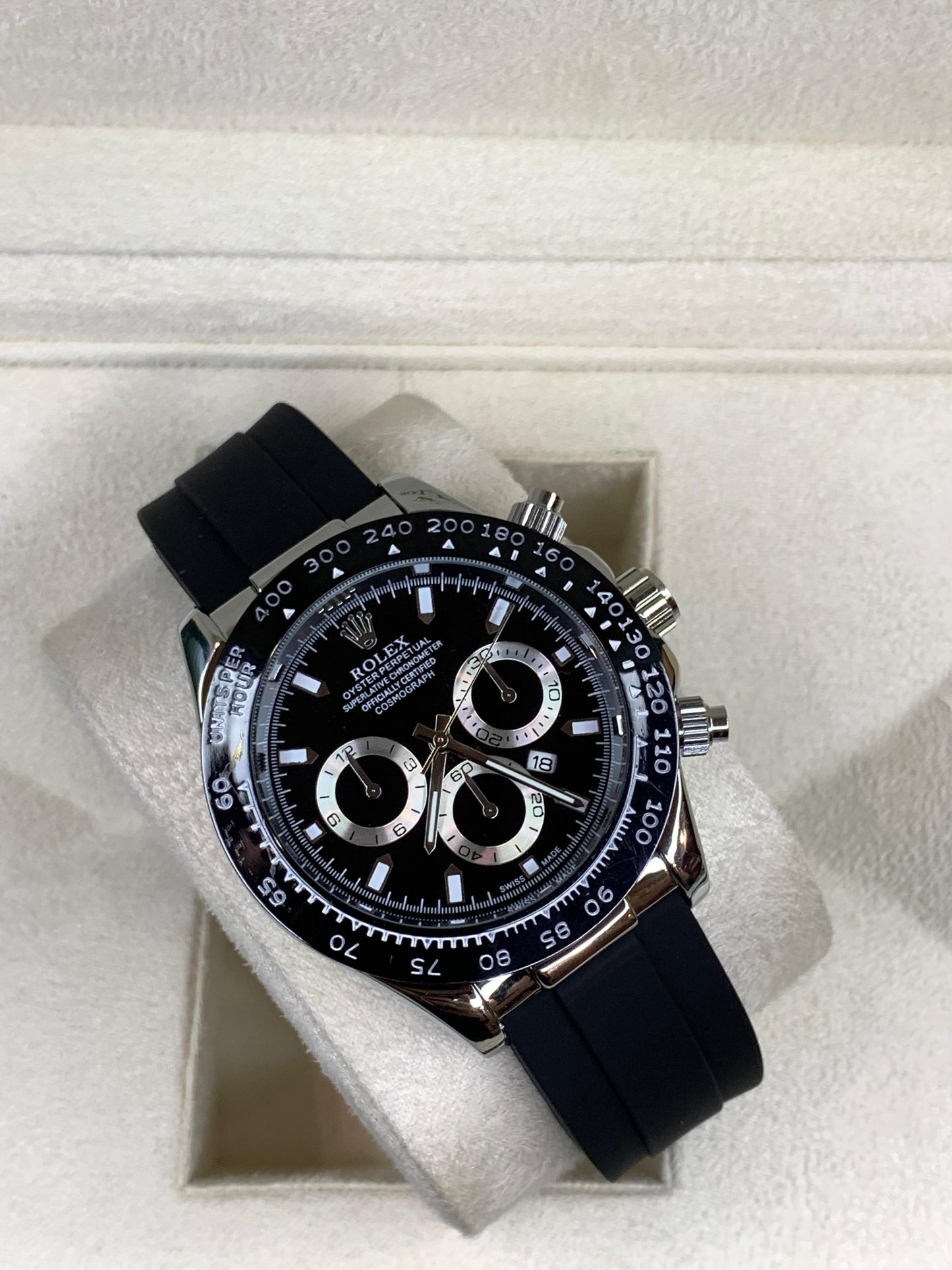 Rlx Daytona Strap Silver Black Dial