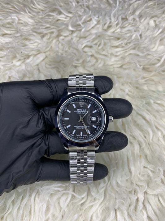 Rlx DateJust Silver Black Dial Jubilee Chain