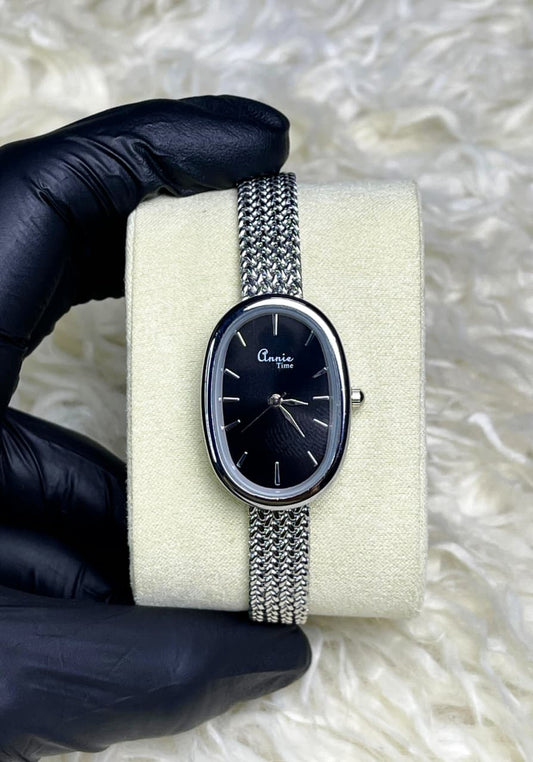 Annie Time Silver Chain Black Dial